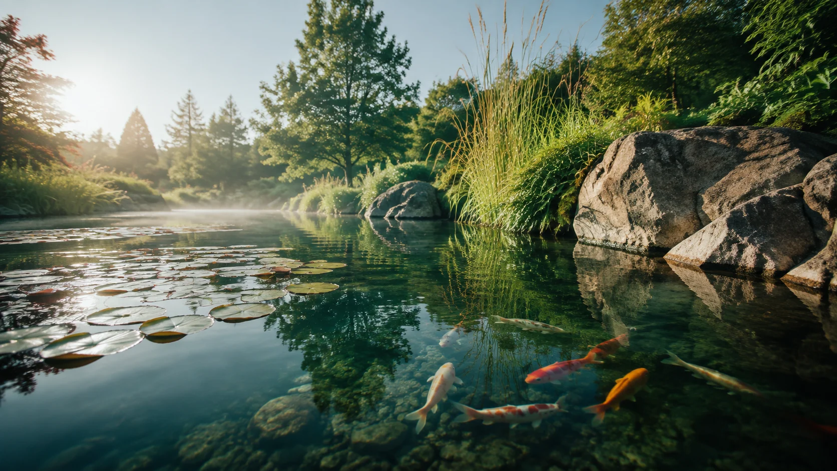 Illustration eines Gartenteichs mit Koi und Wasserpflanzen